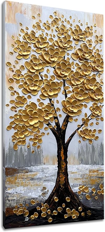 zoinart 3D Modern Oil Paintings, Gold Fortune Tree Painting, Abstract Vertical Canvas Wall Art, Floral Wall Painting for Dining Room Hallway Living Room Wall Decor 48x24 Inches