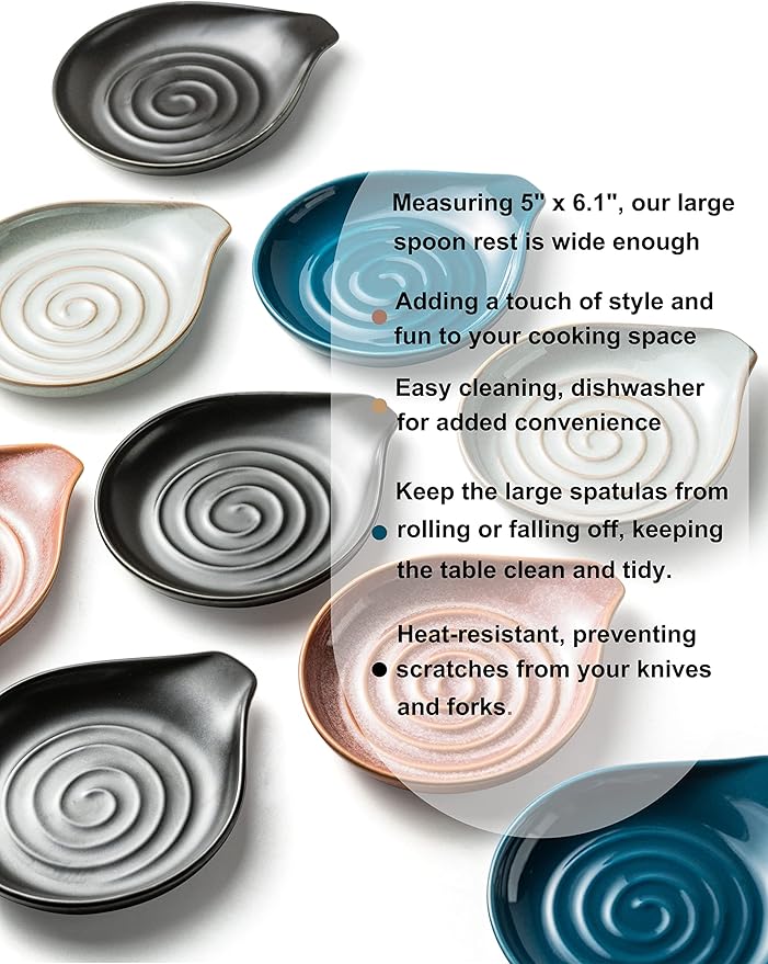 Spoon Rest, Porcelain Drip Tray for Multiple Utensils, Cooking&Large Spoon Holder for Stove Top, Modern Farmhouse Kitchen Decor Utensil Holder for Spoons, Ladles, Tongs&Spatula, Black