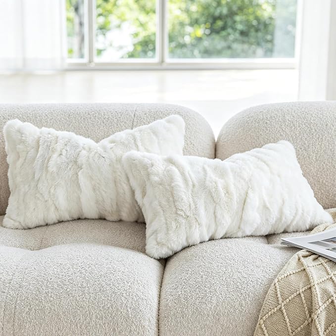 MOOX Rabbit Fur Pillow Covers Set of 2 Fur Throw Lumbar Decorative Pillow Fuzzy Soft Fluffy Genuine Animal Skin 12"x20" Sofa Couch Bed Cover, White