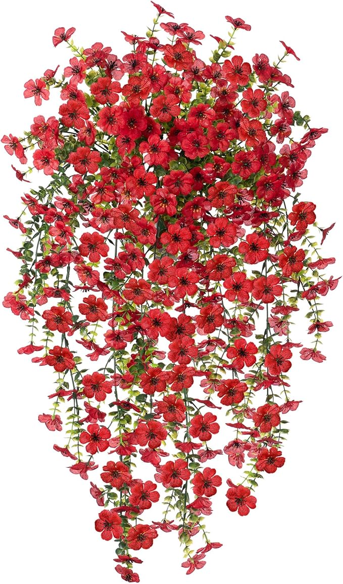 Ammyoo Artificial Hanging Flowers for Outdoors Fake Plants Decoration, 2 Pcs Faux Silk Daisy Flower Realistic Outdoor Flowers UV Resistant Porch Patio Window Yard Indoor Spring Decor(Red)