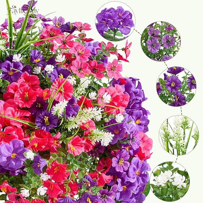16 Bundles Artificial Flowers for Outdoors, UV Resistant Silk Faux Flowers for Outside Planters,Garden,Porch,Patio,Yard,Home Decor(Purple&Hot Pink)