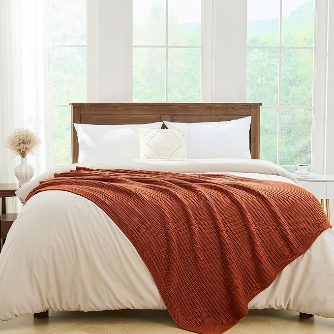 Chunky Knit Rust Orange Throw Blanket 50"x60" Soft Cozy Lightweight Knitted Blanket for Couch Sofa Bed,Cute Decorative Spring Throw for Living Room
