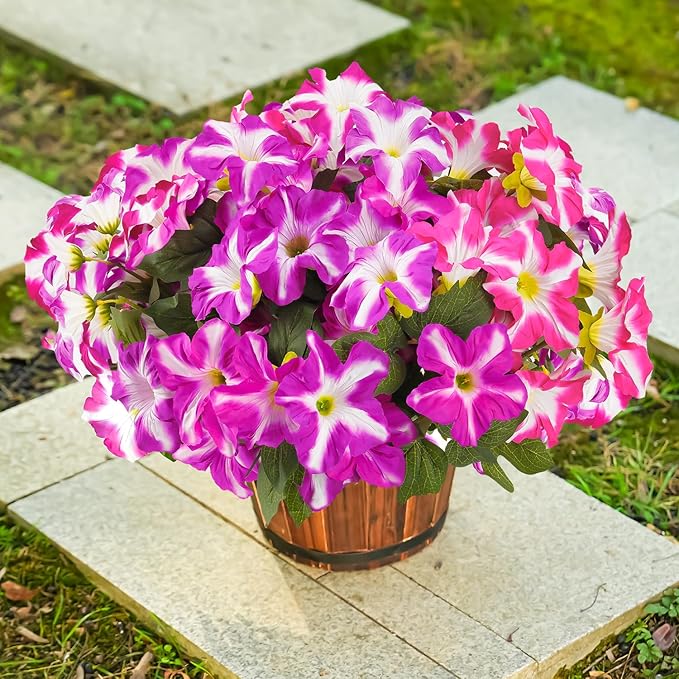 FULLMUSIC Spring Artificial Flowers for Outdoors, UV Resistant Fake Morning Glory, Look Real Faux Silk Plants for Front Door Garden Porch Planter