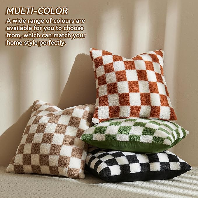 AmHoo Pack of 2 Decorative Throw Pillow Covers Checkerboard Luxury Super Soft Faux Fur Wool Set Case Cushion for Couch Sofa Bedroom 24 x 24-Inch Burnt Orange