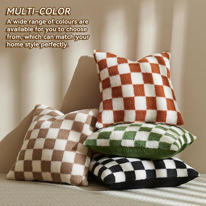 AmHoo Pack of 2 Decorative Throw Pillow Covers Checkerboard Luxury Super Soft Faux Fur Wool Set Case Cushion for Couch Sofa Bedroom 16 x 16-Inch Sage Green