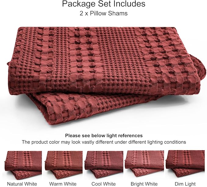 PHF Waffle Weave Pillow Shams Queen Size, 2 Pack 100% Cotton Pillowcases 20" x 30", No Insert, Soft & Breathable Aesthetic Woven Pillow Case Covers for Bedroom Decor, Wine Red