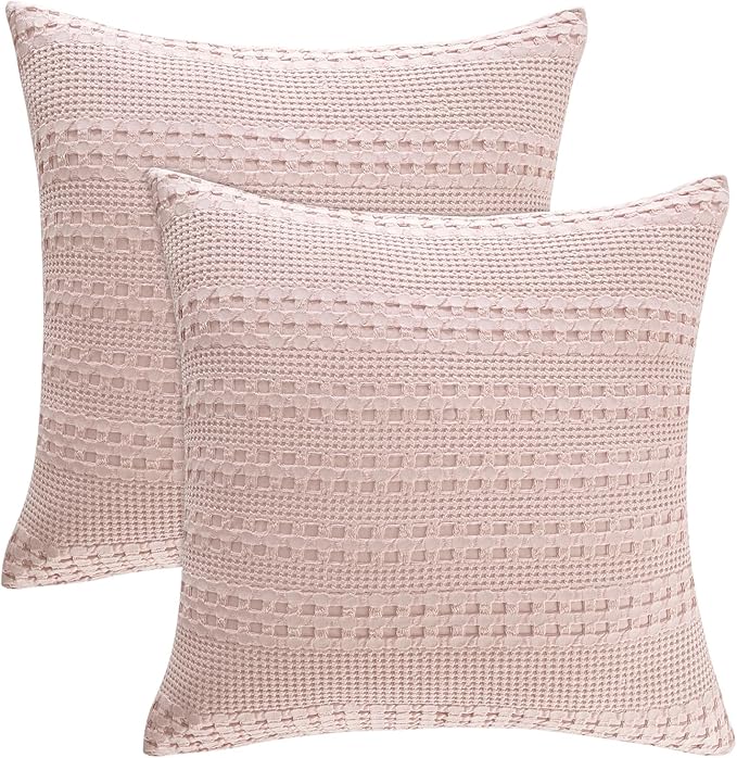 PHF 100% Cotton Waffle Weave Euro Sham Covers, 2 Pack 26" x 26" Bed Pillow Covers for Elegant Home Decor, No Filling, Luxury Aesthetic Soft Euro Pillow Cases for Bed, Pink