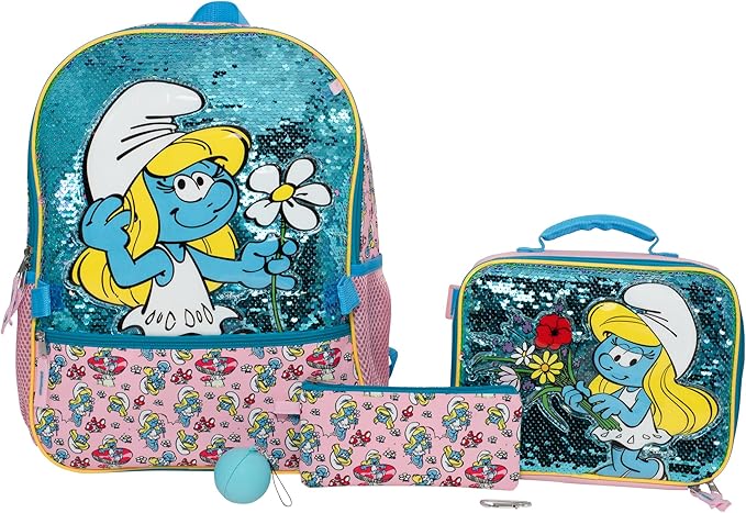 AI ACCESSORY INNOVATIONS Smurfs 5 Piece Backpack Set, Smurfette Flip Sequin Girls School Bag with Front Zip Pocket, 2 Side Mesh Pockets, Pink & Blue