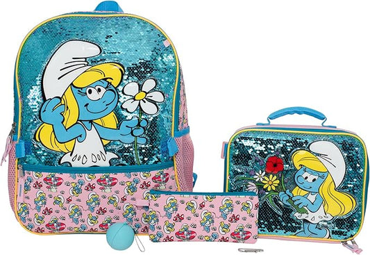 AI ACCESSORY INNOVATIONS Smurfs 5 Piece Backpack Set, Smurfette Flip Sequin Girls School Bag with Front Zip Pocket, 2 Side Mesh Pockets, Pink & Blue