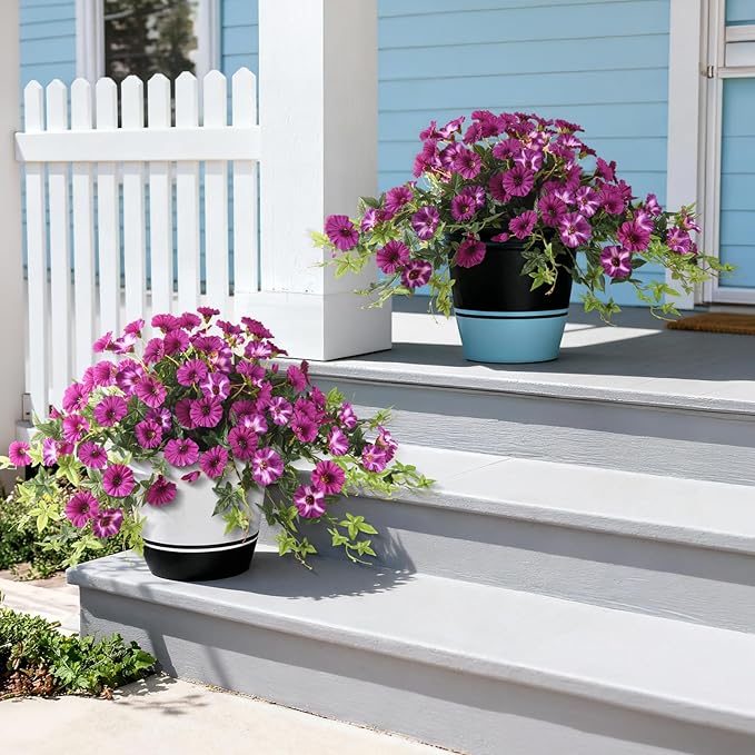 Artificial Fake Flowers Hanging Plants for Outdoor Spring Summer Decoration, 2Pcs Faux Petunias Realistic Silk Flower UV Resistant No Fade for Home Outside Garden Balcony Yard Porch Indoor (Fuchsia)