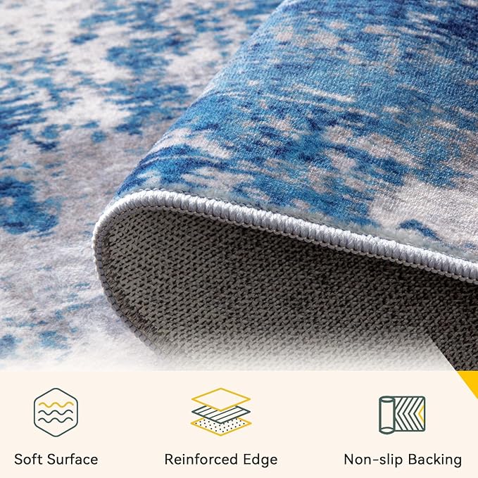 RELEANY Washable Area Rugs 8ft Non-Slip Modern Abstract Soft for Living Room Entryway Bedroom Nursery, Print Pattern, Blue Grey Navy Gray
