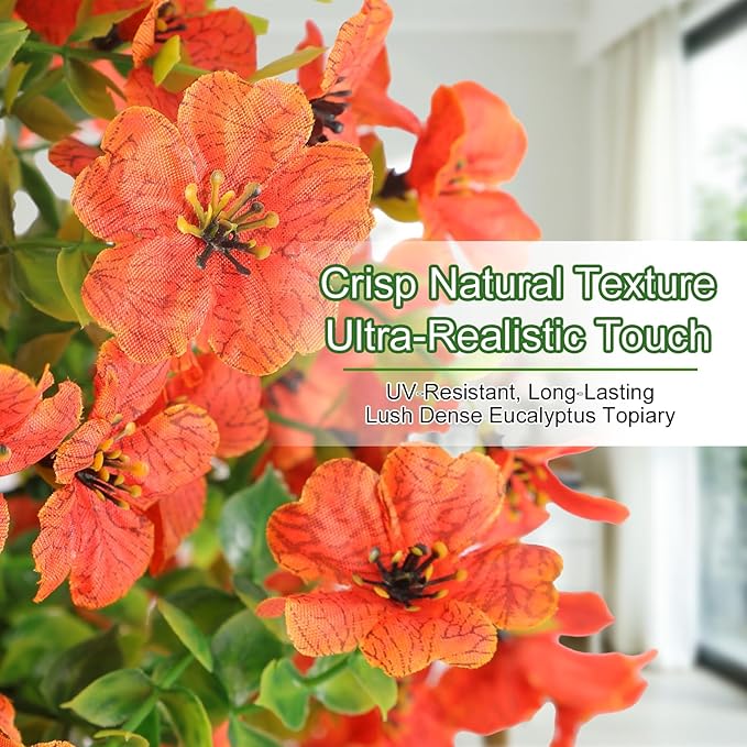 Alupssuc 2Pcs 20" Artificial Topiary Ball Flowers for Outdoors Planters, Spring Decoration with Spike, UV Resistant Faux Summer Plants, Fake Bushes Indoor Decor, Orange for Garden, Porch & Patio