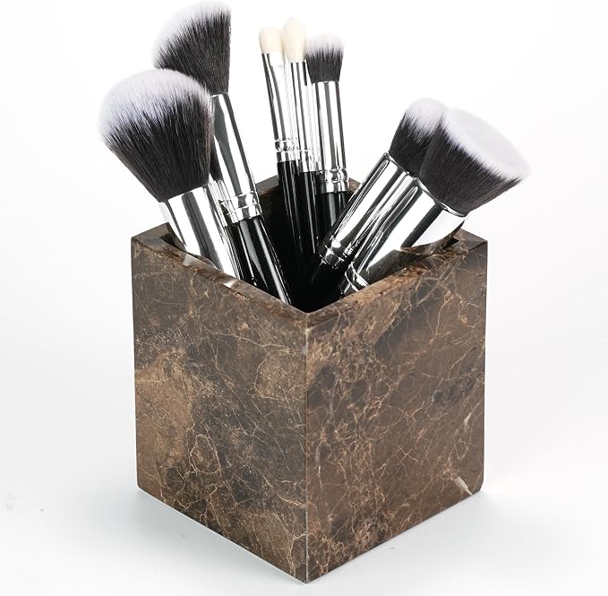 Marble Makeup Brush Holder - Brown Candle Toothbrush Cup for Bathroom Accessories, Decorative Pencil Organizer for Office Desk Aesthetic, Stone Utensil Container for Kitchen Countertop