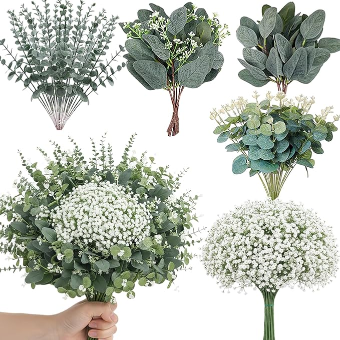 Mixed Eucalyptus Leaves Stems Bulk Artificial Silver Dollar Leaves Picks Dried Eucalyptus Bundle Faux Spray for Wedding Vase Bouquet Decor (120, Green/White)