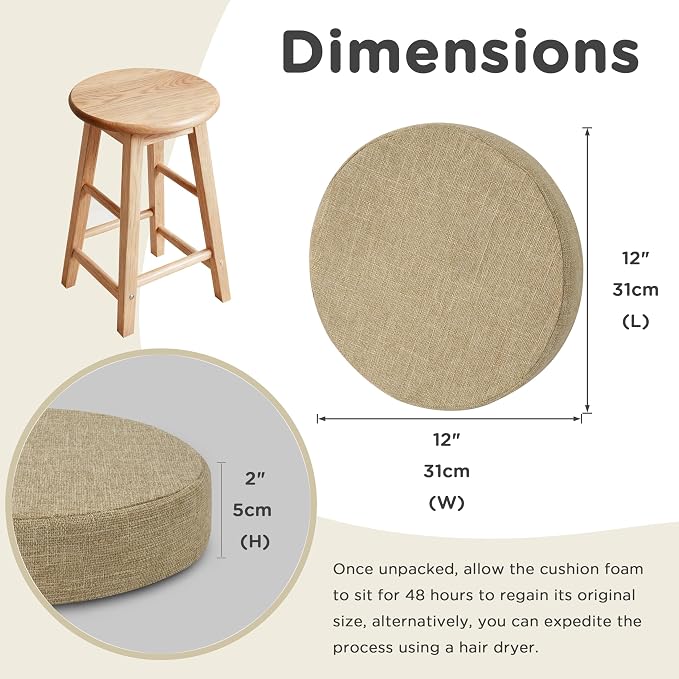 AddGrace Round Bar Stool Cushions 4 Pack Bar Stool Seat Cushion Non Slip Round Chair Pads with Removable and Washable Cover 12x12 Inch Beige