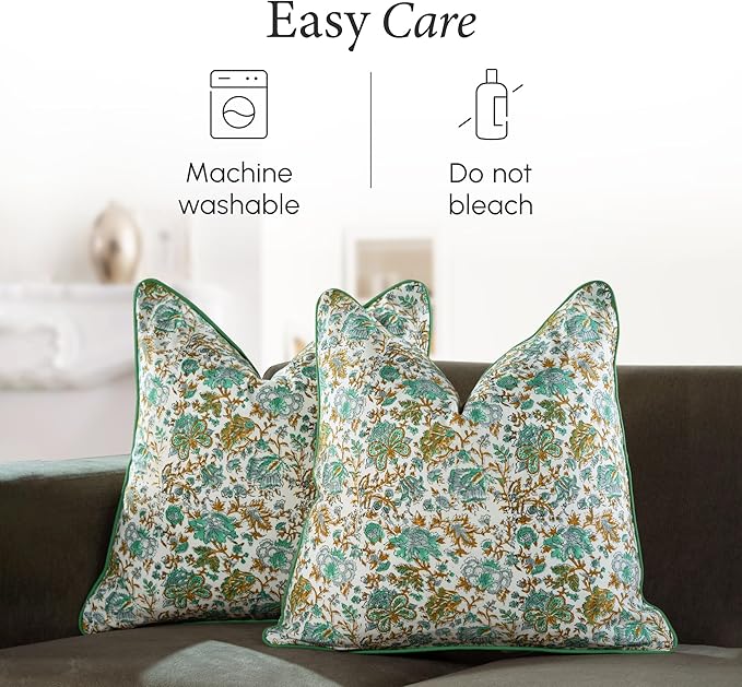 CPC 100% Cotton Throw Pillow Covers 18x18 Inch, Set of 2 Blue Block Print Pattern Couch Pillow, Cute Boho Decorative Pillows for Living Room, Bedroom with Hidden Zipper- Harvest Bloom