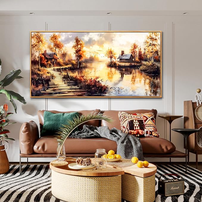 XIGUANGART Large Framed Vintage Wall Art, Cottage Trees Garden Landscape Pictures Wall Decor Paintings, Rustic Farmhouse Canvas Prints Aesthetic Home Decor for Living Room Bedroom Bathroom 30x60 inch