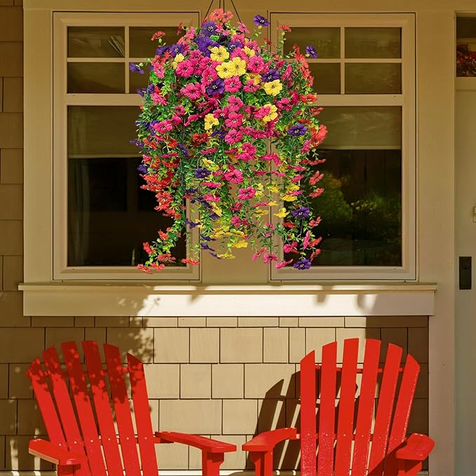 LikSoor 4 Pcs Artificial Outdoor Hanging Plants Spring Summer Decoration UV Resistant Faux Silk Flowers for Outside, Garden, Porch, Window, Home Decor (4 Color)