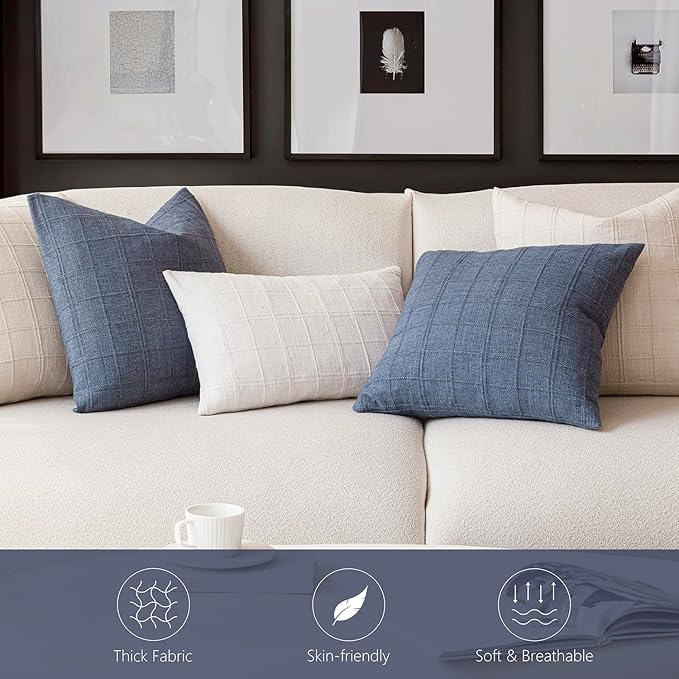 Foindtower Set of 2 Decorative Linen Check Throw Pillow Covers Neutral Farmhouse Vintage Cushion Covers Modern Coastal Boho Home Decor for Sofa Chair Couch Bedroom Living Room,24×24 Inch,Blue