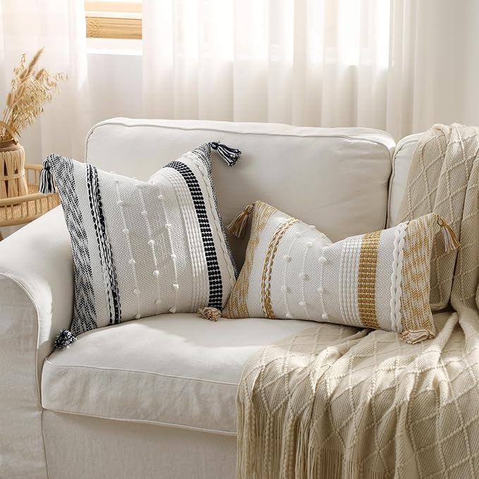 DEZENE Boho Pillow Cover 18x18 Navy Blue - Handmade Woven Textured Throw Pillow Case with Cordings & Tassels, Decorative Accent for Couch Sofa Bed Farmhouse Living Room Bedroom Home Decor