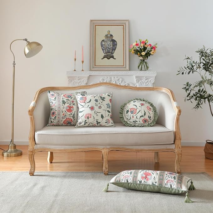 ISAENNE French Linen Rectangle Throw Pillow Cover,Set of 2,20"x12"-Daffy B | Designer French Elegant Pillow Cover,Concealed Zipper Design,Floral Pattern,Sofa,Bedroom,Living Room,Lounge Chairs