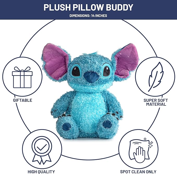 Jay Franco Disney Plush Pillow Buddy - Soft Plushie Stuffed Pillow, 14 Inches, Blue - Stitch