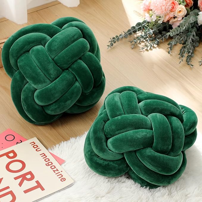 Beeveer 2 Pcs Knot Pillow Balls Set, 12 Inch Soft Decorative Throw Knot Pillow Ball, Large Square Knotted Floor Cushion for Living Room Bedroom Sofa Couch Bed Home Decoration(Dark Green)