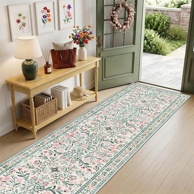 Runner Rug for Entryway: 2x5 Kitchen Rugs Non Slip Washable Ultra-Thin Soft Floral Carpet Indoor Floor Stain Resistant Carpets for Hallway Bedroom Kitchen Laundry Bathroom Dorm Green/Beige