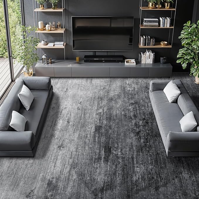 8x10 Washable Area Rug, Gray Solid Area Rugs for Living Room & Bedroom | Stain-resistant & Non-slip backing,Low Pile Washable Large Carpet, Solid Vintage Style For High Traffic Areas(8x10,Gray)