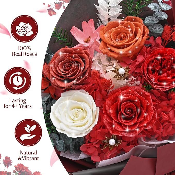 5 Pcs Glitter Red Preserved Roses Flowers Bouquet, Forever Rose Flowers for Delivery, Birthday Gifts for Women, Long-Lasting Red Roses with Vase Gift Box, Forever Flowers for Wife Mothers Day