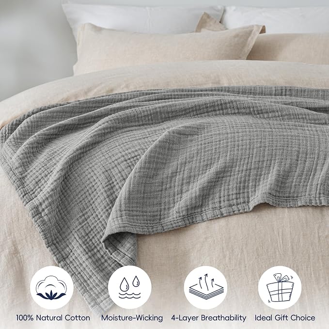PHF 100% Cotton Muslin Throw Blanket 50" x 60", 4-Layer Lightweight Gauze Throw, Breathable Cloud-Soft Minimalist Blanket for Bed, Couch, Camping & Baby, Grey, Ideal Gift
