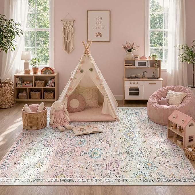 Lahome Pink Rug for Girls Bedroom 5x7, Soft Washable Floral Dorm Rug, Boho Non Slip Pastel Classroom Carpect for Dorm Room, Kids Room, Nursery and Playroom
