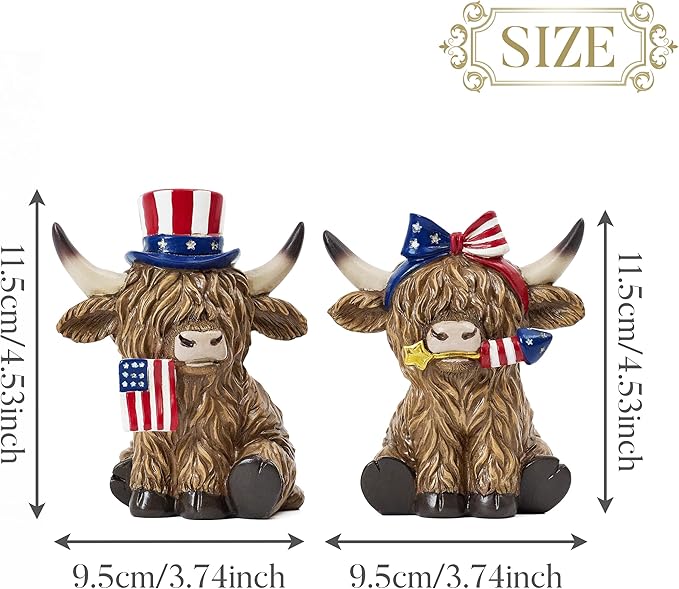 Valery Madelyn 4th of July Highland Cow Decorations, Memorial Day Decoration for Home Decor, Large 2Pcs Patriotic High Mountain Yak Figurines USA 250th Anniversary Decorations, Independence Day