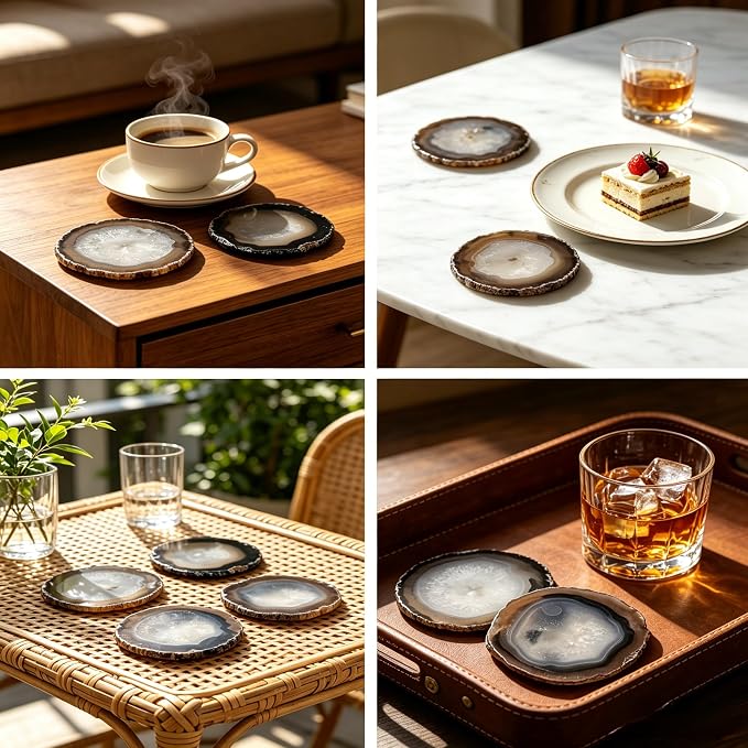 Gray Agate Coaster Drinks Crystal Cup Stone Coasters Set of 4 Geode Agate Slices with Rubber Bumpers for Coffee, Wine or Bar Glasses (4"-5")
