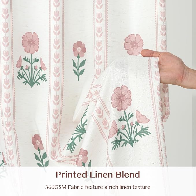 THREE GIRLS Pinch Pleated Light Filtering Linen Blend Floral Block Print Curtains for Girls Room, Nursery, Living Room, Modern Farmhouse, Memory Trained, Hooks, 2 Panels Set, 40"x102", Pink