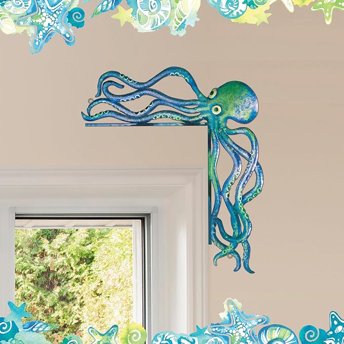 FairySandy Metal Door Frame Decoration 11.81 x 10.43 Inches Octopus Themed Home Decor for Indoor Outdoor Door Window Home Office(Ocean Blue)