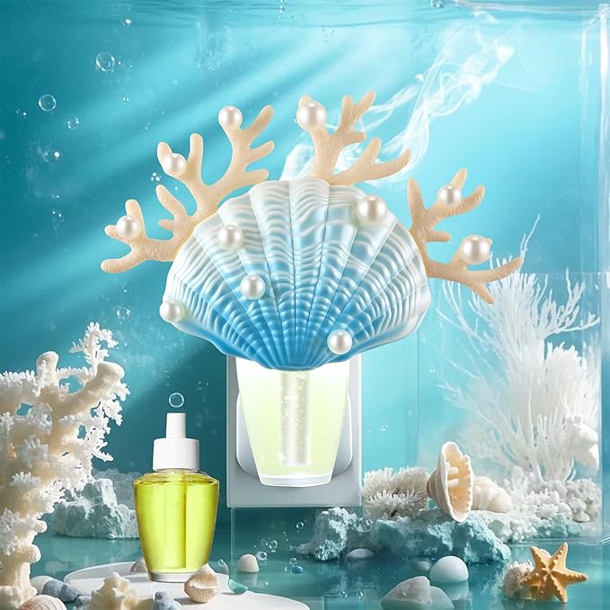 Hohean Wall Fragrance Plug in with Night Light Compatible with Bath & Body Works WallFlower Fragrance, Marine Style Essential Oil Diffuser Plug with Rotary Design(Shell Coral Pearl)