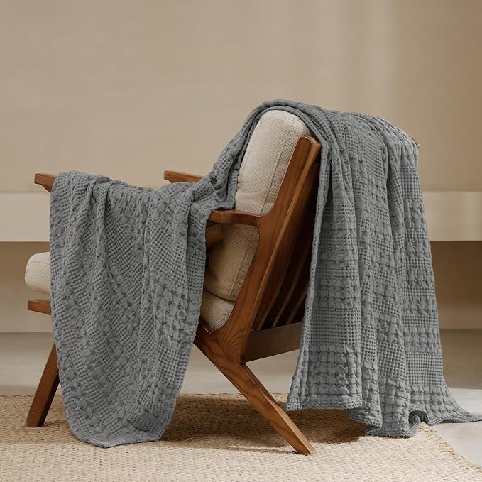 PHF 100% Cotton Waffle Throw Blanket for Couch, Lightweight Breathable and Soft for Summer, Luxury Aesthetic Waffle Weave Blanket for Home Decor & Office, Gifts for Women, 50"x60", Dark Grey
