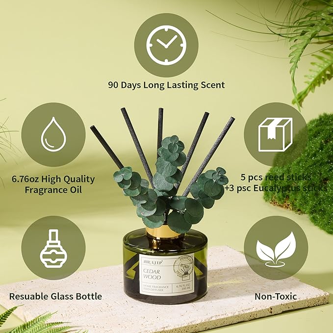 Airkeep Reed Diffuser Set with 6.76 fl oz Cedar Wood Scent Essential Oils and 3 Leaves & 8 Diffuser Sticks,Bathroom Shelf Decor & Air Freshener, House Bedroom Office Decor & Gifts