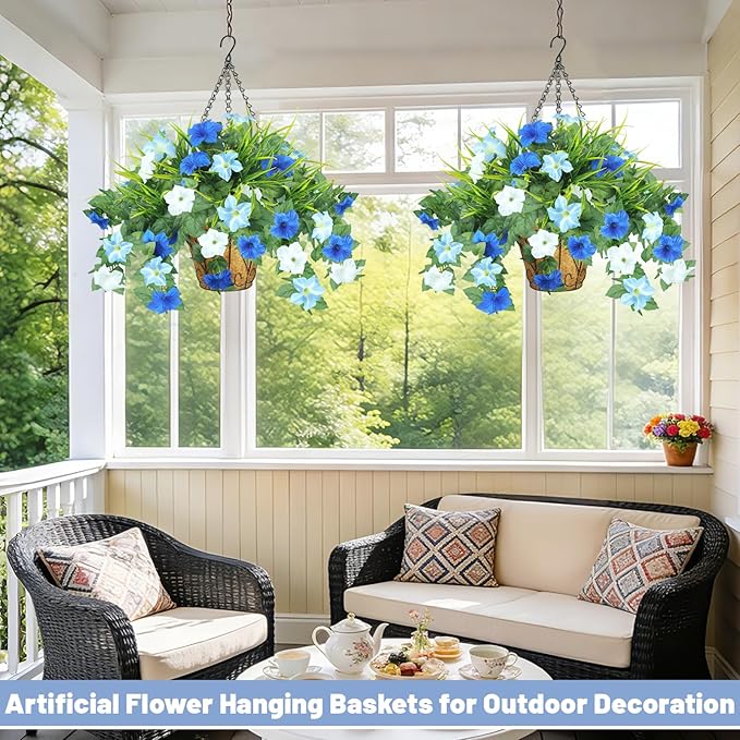 2 Pack Artificial Flowers Hanging Baskets for Outdoors, 10 PCS UV Resistant Faux Outdoor Plants, Fake Petunias Silk Flowers for Garden Balcony Yard Porch Decor (White Blue)