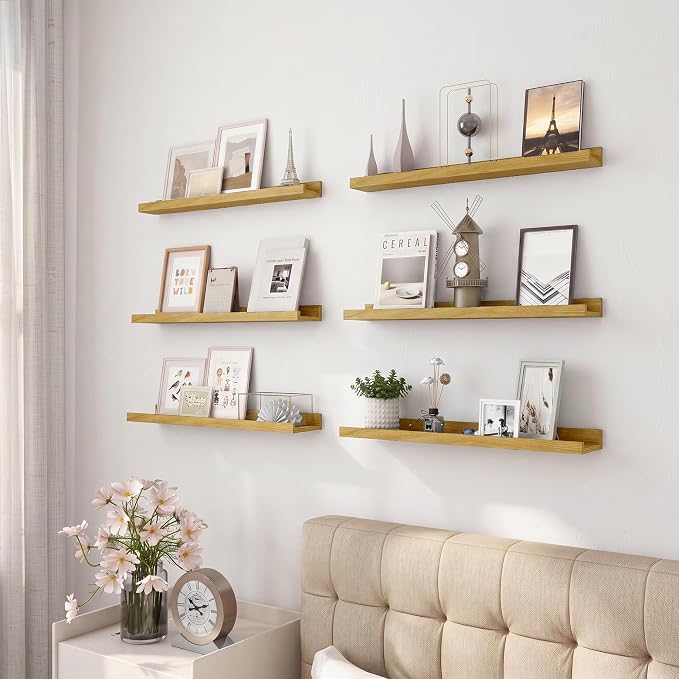 Acovy Floating Shelves Set of 6, 24 Inch Wall Mounted Picture Ledge Shelf with Lip, Oak Display Shelves for Living Room, Bedroom, Nursery, Bathroom & Kitchen