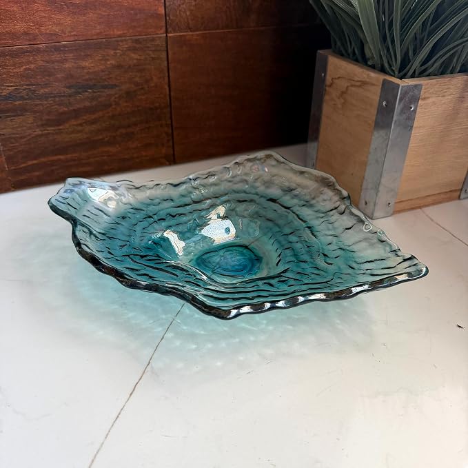 Oyster Shell Decorative Plate, 10 Inch Sea Blue Iridescent Glass | Compact Freeform Shell Form, Wavy Uneven Edges, Glossy Multitone Finish, Sits Flat for Tabletop Display
