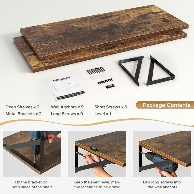 Acovy Deep Floating Shelves Wall Mounted, 30"x12" Brown Wood Shelves with Brackets Set of 2 for Bedroom, Living Room, Bathroom, Kitchen, Office - Storage & Display Shelf for Decor, Books, Plants
