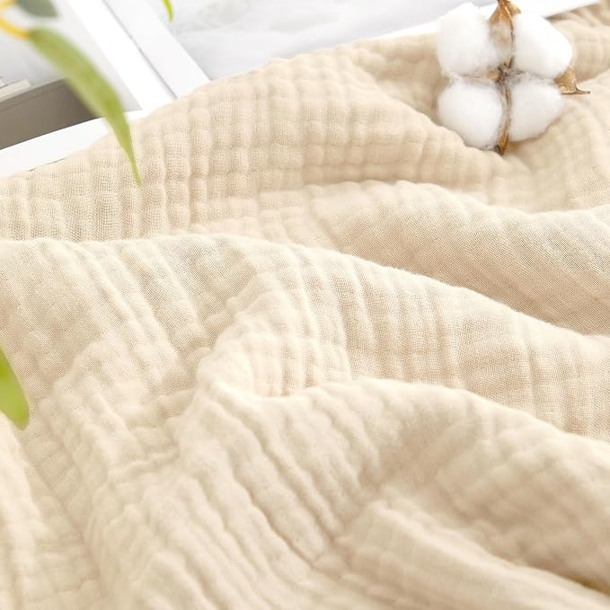 David's Home Soft Muslin Blanket Queen Size for Adults, 60% Rayon 40% Cotton, Breathable Lightweight Cooling Blanket for Hot Sleepers, 4-Layer Cozy Gauze for Bed, 90"x90", Natural/Birch