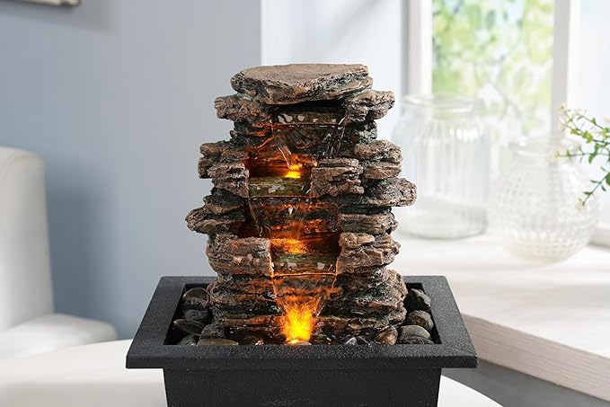 MAOCHI Tabletop Water Fountain, Home Décor Soothing Sound Machine with Automatic Pump, Deep Basin and Natural River Rocks. Indoor Zen Relaxation for Office, Living Room, or Bedroom Décor.