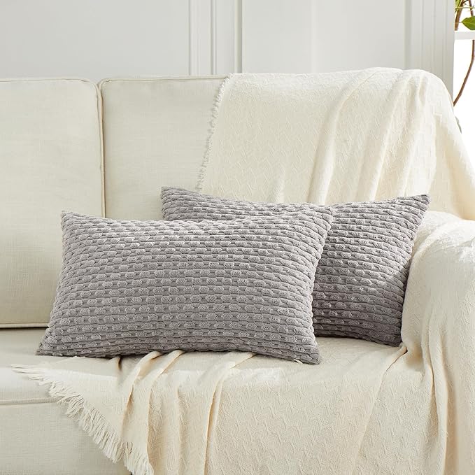 Fancy Homi Set of 2 Boho Grey Lumbar Decorative Throw Pillow Covers 12x20 Inch for Couch Bed Chair, Neutral Farmhouse Home Decor, Soft Fluffy Corduroy Rectangle Aesthetic Cushion Case 30x50 cm