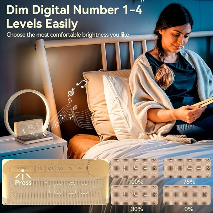 Vivilumens Sunrise Alarm Clock Wireless Charger, 10 White Noise Sound Machine Alarm Clock with 30/60/90 Mins Timer, 3 Levels Touch Night Light Dual Clocks for Heavy Sleeper Bedroom Decor Gift for Her