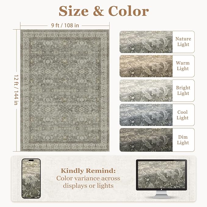 Neutral Gray Large Area Rugs 9x12 Living Room, Washable Non Slip Low Pile Big Carpet for Bedroom Dining Room, Modern Faromhouse French Print Decorative Rug for Family Room, Gray/Beige/Olive