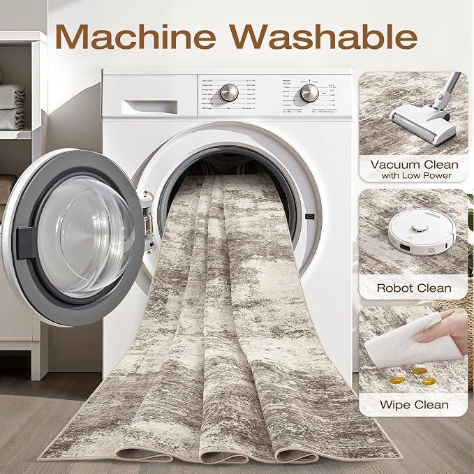 5x7 Area Rugs Living Room: Washable Large Neutral Rug Abstract Soft Modern Stain Resistant Indoor Floor Non-Slip Carpet for Bedroom Nursery Kids Office Playroom Dining Room Under Table- Mocha Brown