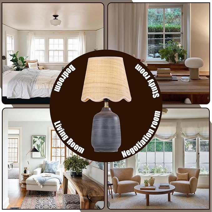 Pia Ricco 19" Modern Ceramic Table Lamp for Living Room Cream Base Desk Lamps for Bedroom Farmhouse Bedside Nightstand Lamp End Table Lamps,White Striped Black Base,Rattan Shade
